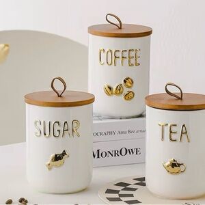 MonRowe White and Gold Canister Set with Wooden Lids